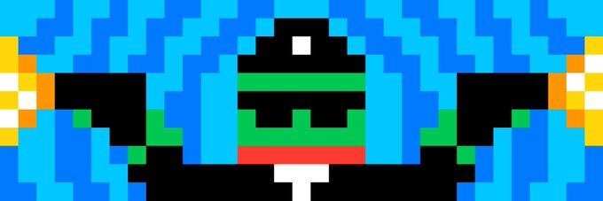 Pixel art of a green-faced character with black hair, wearing a green bandana, red scarf, and black outfit with arms outstretched against a blue background.