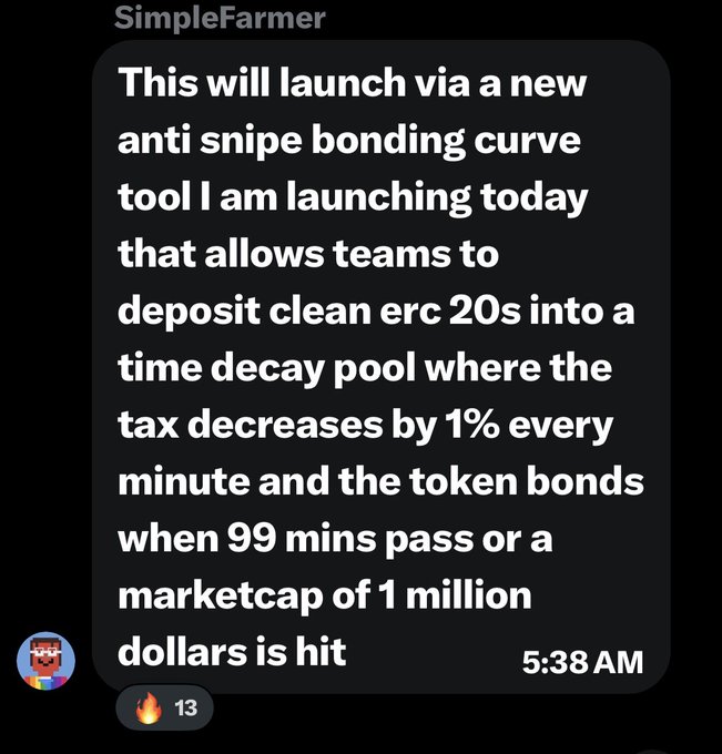 A Discord message from "SimpleFarmer" announcing the launch of a new anti-snipe bonding curve tool, allowing teams to deposit clean ERC-20s into a time-decay pool where tax decreases by 1% per minute until the token bonds after 99 minutes or upon reaching a $1 million market cap. The message, posted at 5:38 AM with 13 reactions, relates to the accompanying post by @chesus highlighting @TheCardWall as a project worth watching.