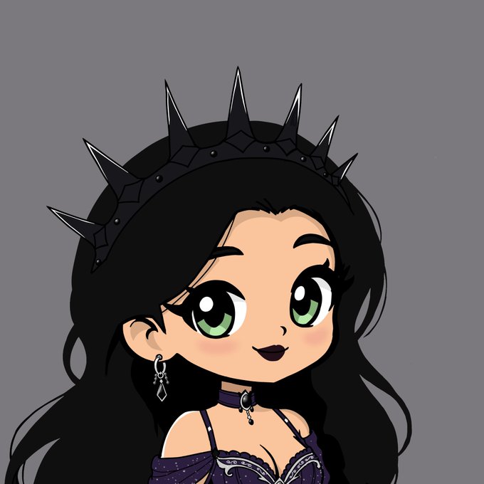 A cartoon-style portrait of a girl with long black hair, green eyes, wearing a spiked black crown and a purple gothic outfit against a gray background.