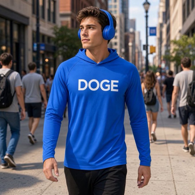 A young man walking down a busy city street wearing a bright blue hoodie with 'DOGE' printed on it and matching blue headphones.