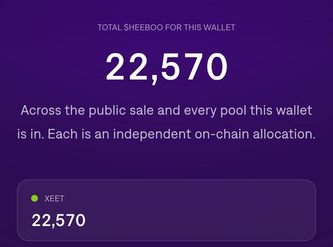 A purple screen displays 'TOTAL SHEEBOO FOR THIS WALLET' with the number 22,570, and shows the same allocation of 22,570 XEET tokens.