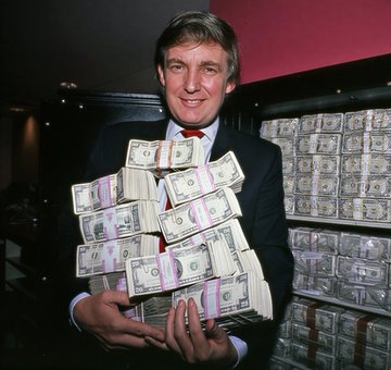 Donald Trump is pictured with stacks of U.S. currency, holding a large pile of cash which visually represents the "+20% for my short position" mentioned in the accompanying post concerning the stock ticker "$HYPE".