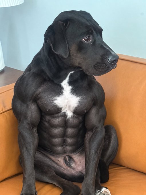 An extremely muscular black dog with a white chest marking sits on a brown leather couch, displaying an unusually developed physique.