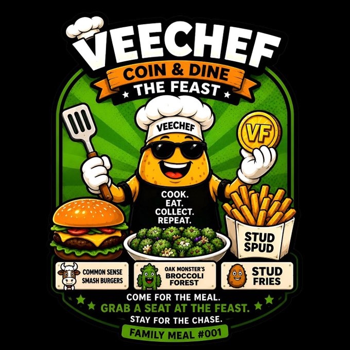 A bold, cartoonish logo design for 'VEECHEF: COIN & DINE THE FEAST' featuring a potato chef character in sunglasses holding a spatula and a 'VF' coin, surrounded by a burger, broccoli forest, and 'Stud Spud' fries, with text 'COOK. EAT. COLLECT. REPEAT.' and 'FAMILY MEAL #001.'