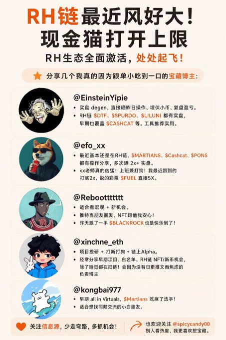 A Chinese-language infographic titled 'RH链最近风好大！现金猫打开上限' featuring user testimonials with avatars from accounts like @EinsteinYipie, @efo_xx, and @Rebootttrttt, promoting various crypto tickers including $DTF, $SPURDO, $LILUNI, and $CASHCAT.
