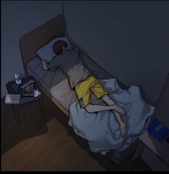 An illustrated scene of a person sleeping face-down on a bed in a dim room, wearing yellow shorts, with a water bottle and items on a bedside table.