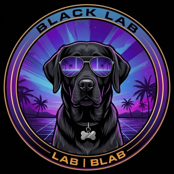 A vibrant circular logo featuring a black Labrador wearing reflective sunglasses with a synthwave sunset reflection, encircled by the text 'BLACK LAB' and 'LAB | BLAB'.