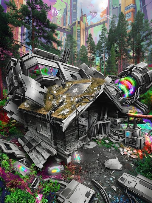 A vibrant digital illustration depicting a futuristic, dilapidated wooden shack overgrown with grass and advanced technology, set against a backdrop of towering skyscrapers and forests.