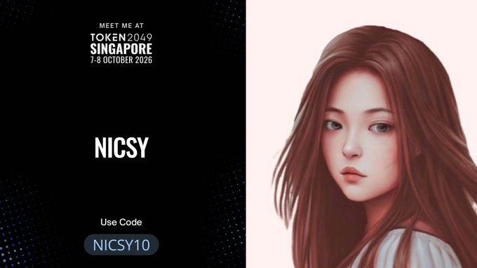 Promotional graphic for TOKEN2049 Singapore (7-8 October 2026) featuring a digital illustration of a young woman with long brown hair on the right, alongside text promoting NICSY's referral code "NICSY10" for 10% off tickets on the black left side, supporting the post about attending the conference for the third time and meeting clients during F1 weekend.