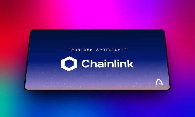 A graphic displaying the Chainlink logo with the text '{PARTNER SPOTLIGHT}' on a gradient background.