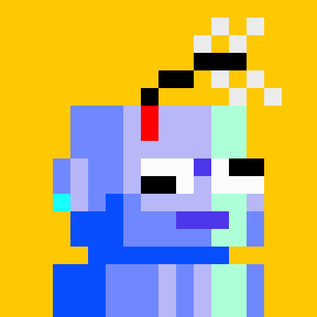 A pixel art NFT-style image on an orange background depicting a blue and purple character with a halo.