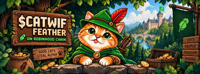 A colorful illustration of an orange cat dressed as Robin Hood with text reading '$CATWIF FEATHER ON ROBINHOOD CHAIN' and 'GOOD CATS STEAL ALPHA'.