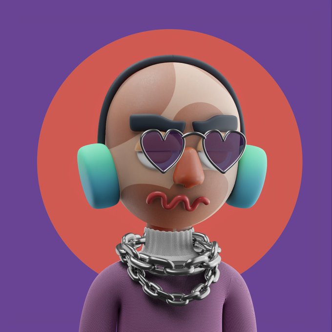 A stylized 3D character with heart-shaped sunglasses, headphones, and silver chain necklaces against a red and purple background, matching the bold, hype-driven energy of the giveaway announcement. The character's confident, "fire" aesthetic visually reinforces the excited promotion of 60 guaranteed spots.