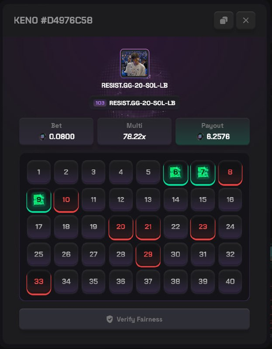 A dark-themed online Keno betting interface titled 'KENO #D4976C58' shows a bet of 0.0800, a 78.22x multiplier, and a payout of 6.2576, with the game 'RESIST.GG-20-SOL-LB' displayed above a grid of numbered squares with certain numbers highlighted in red and green.