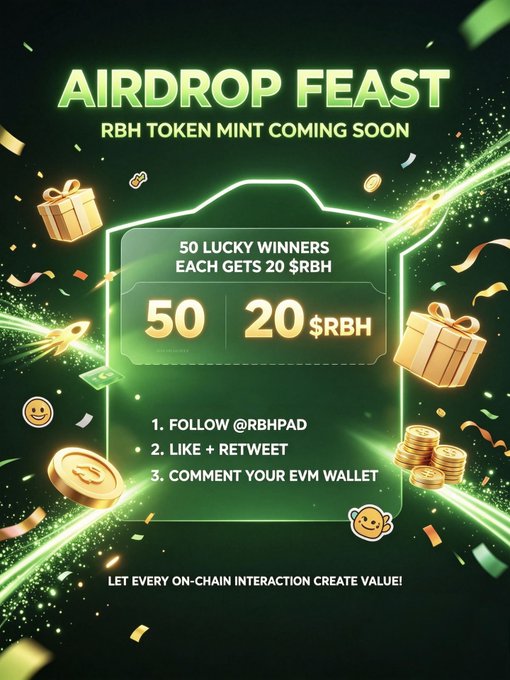 The image is a vibrant green promotional graphic announcing an "AIRDROP FEAST" for the upcoming RBH token mint, offering 50 lucky winners 20 $RBH each. It lists the participation steps—follow @RBHPad, like and retweet, and comment with an EVM wallet—against a backdrop of gift boxes and gold coins. The design visually reinforces the post's call to action for early supporters to engage and earn rewards.