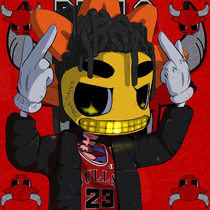 A vibrant digital illustration featuring a yellow grinning character with dreadlocks wearing a Chicago Bulls #23 jersey, flanked by red demon-like creatures on a red background, with 'BANG BANG' text on one lens and 'GANG' on a glove.