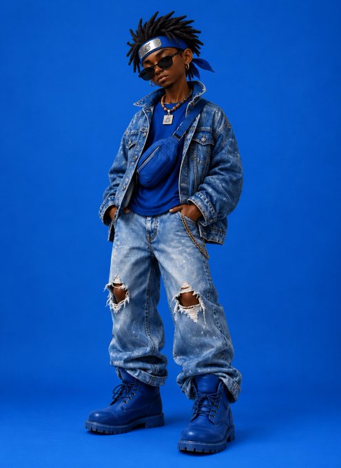 A young person poses confidently against a vibrant blue backdrop, wearing a full denim-on-denim outfit accessorized with a blue bandana, sunglasses, a chain necklace, and a crossbody bag—paired with chunky blue boots. The striking all-blue styling and headband (marked with the "M" logo) mirror the post's "GM!" (Good Morning) greeting, symbolizing motivation and readiness to start the day with determination.