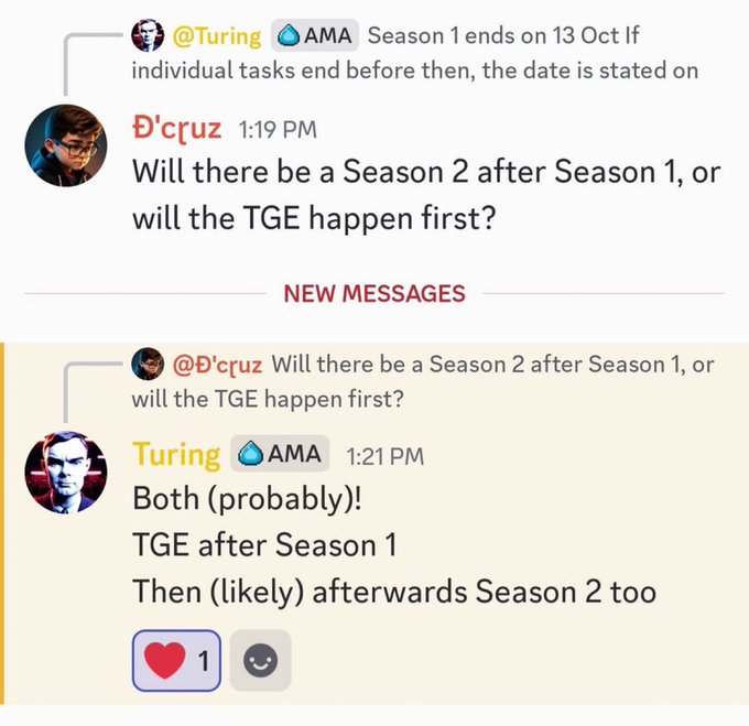 A Discord chat screenshot showing an AMA exchange between @Turing and @D'cruz, where Turing confirms Season 1 ends on 13 Oct, and answers 'Both (probably)!! TGE after Season 1. Then (likely) afterwards Season 2 too', with one red heart reaction.