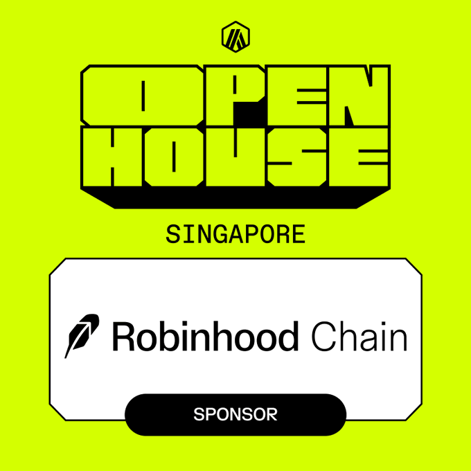A lime green graphic for "OPEN HOUSE SINGAPORE" with "Robinhood Chain" listed as a sponsor.