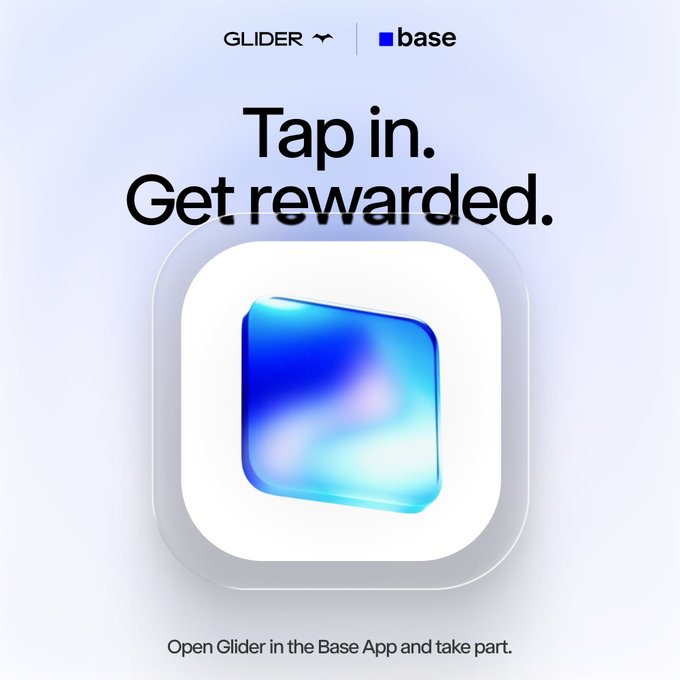 The image features an app icon, which appears to be a square shape with a blue border. The background of the image is white, making the blue border stand out prominently. Below the app icon, there's text that reads "Open Glider in the Base App and take part". This suggests that the app might be related to a social media platform or an online community where users can share content or engage with others. The app icon itself has a unique design, featuring a blue border and a white center, which makes it visually appealing and easy to recognize on various devices.