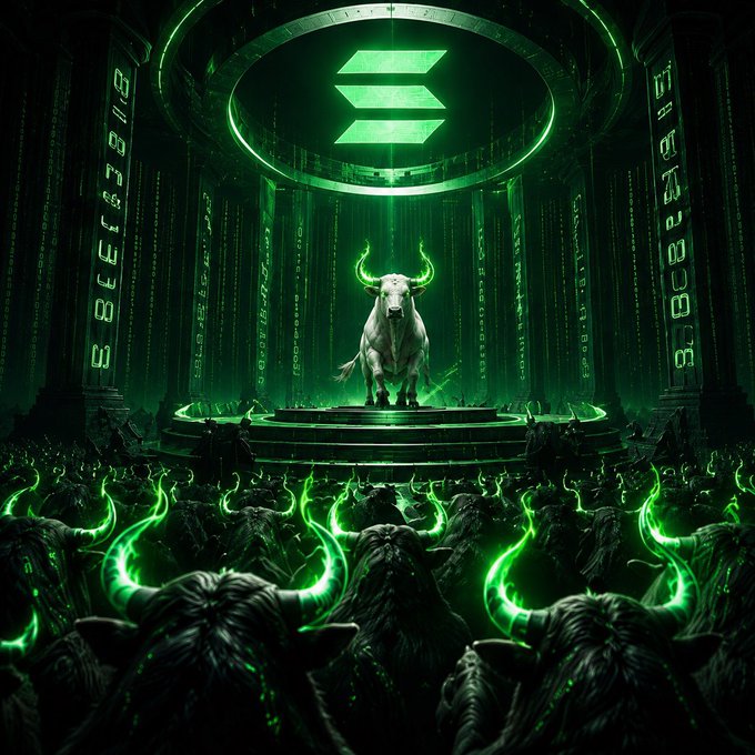 A massive white bull with glowing green horns stands at the center of a dark, futuristic temple beneath a Solana logo, surrounded by a crowd of shadowy bull figures illuminated in neon green. The image visually reinforces the bullish Solana ($SOL) narrative suggested by the caption "DROP YOUR $SOL WALLET," framing the token as a powerful, commanding presence worth following.