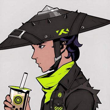 An anime-style character wearing a black wide-brimmed hat with a yellow logo, a yellow scarf, and a spiked jacket holds a cup of boba tea.