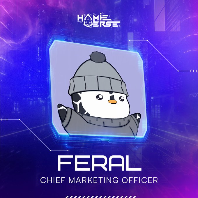 A digital badge from Hamieverse features a cartoon penguin character in a gray beanie and scarf, with "FERAL" and "CHIEF MARKETING OFFICER" displayed below, marking the announcement of the speaker's new role as CMO at Hamieverse.