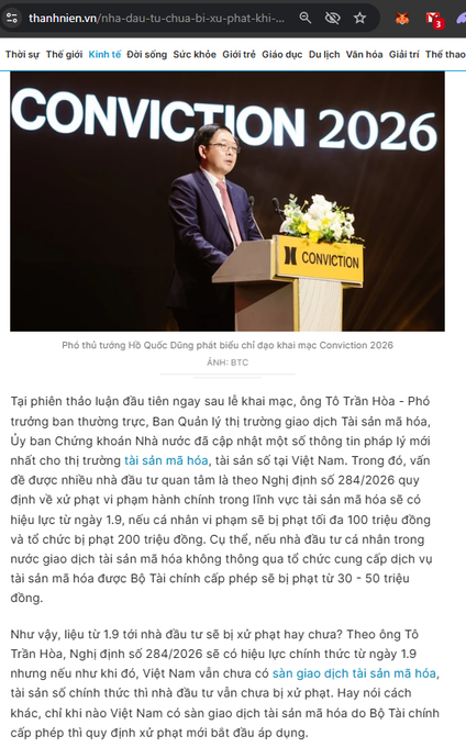 A Vietnamese news article from 'thanhnien.vn' shows a man speaking at a 'CONVICTION 2026' podium, with text discussing new regulations regarding the management and trading of real estate and offshore assets.