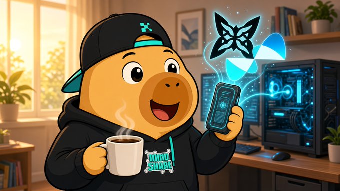 A cartoon capybara wearing a "Quip Share" hoodie holds a coffee mug while showing a phone labeled "Node Manager," alongside the Quip Network butterfly logo and a glowing PC tower—visually capturing the post's reference to early-morning node operators reviewing the Quip whitepaper.