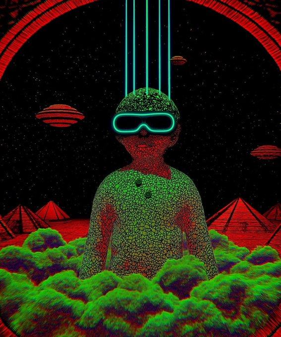 A psychedelic digital illustration features a humanoid figure wearing glowing cyan VR goggles, rendered in a green mosaic texture, standing amidst red-toned clouds and floating platforms beneath blue laser beams in a starry space setting.