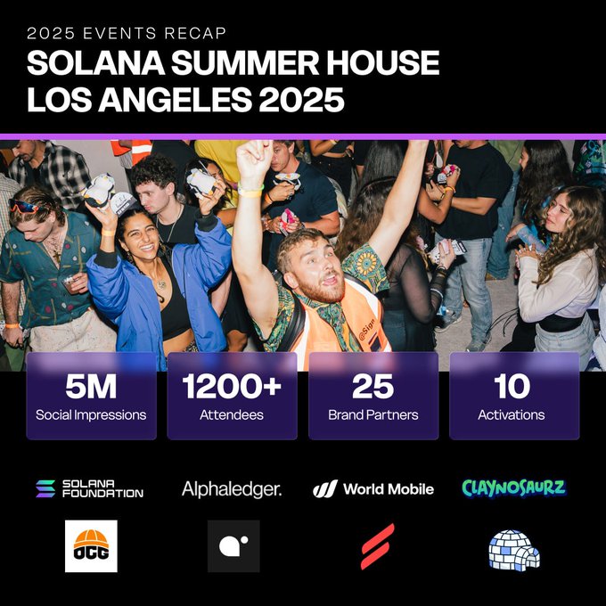 The image features an event poster for Solana Summer House Los Angeles, which was held in May of 2015. The poster includes various logos and text related to the event, such as "2025 events recap" and "Solanama Summer House Los Angeles". There are also several people depicted on the poster, including a man holding up his arms with a smile, suggesting that they were enjoying themselves at the event.
