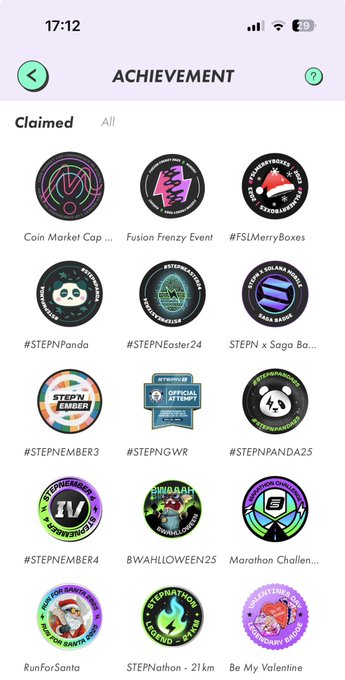 A mobile app screen titled 'ACHIEVEMENT' displays claimed badges including #FSLMerryBoxes, #STEPNPanda, #STEPNEaster24, #STEPN x Saga Badge, #STEPNMEMBER3, #STEPNGWR, #STEPNPANDA25, #STEPNMEMBER4, BWAHLLOWEEN25, Marathon Challenge, RunForSanta, STEPNathon - 21km, and Be My Valentine.