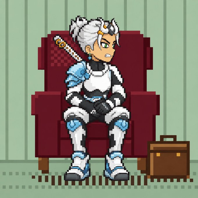Pixel art of a white-haired character wearing white and blue armor, sitting in a red armchair with a sword on their back and a brown briefcase next to them.