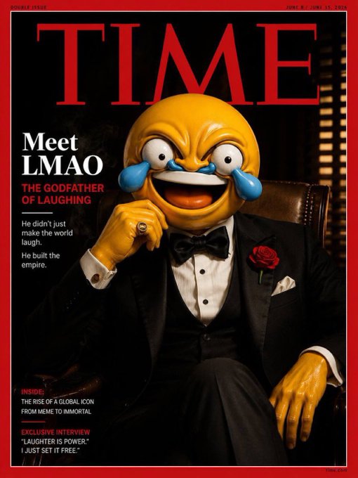 The image features an advertisement for Time Magazine, which includes a cartoon depiction of a man dressed in a tuxedo with a sad expression. The man appears to be crying or laughing, depending on his facial expression at any given moment. The cover of the magazine is red and white, and it has black text that reads "Time". Below this, there are two headlines: "Meet LMAO" and "The Godfather of Laughing", which seem to be related to the man in the advertisement.