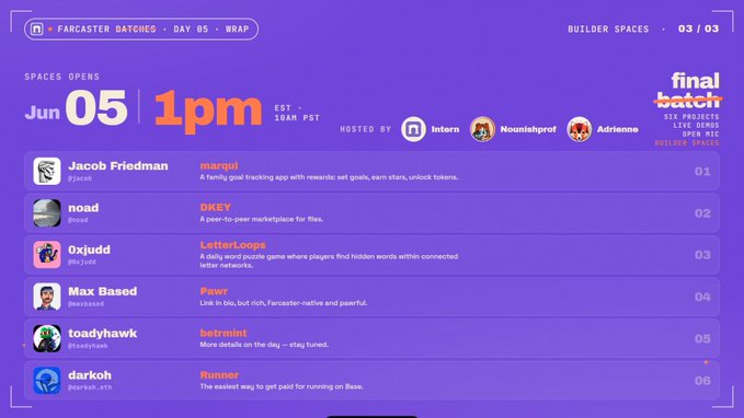 The image shows a purple screen displaying a calendar for the weekend of June 5th, with a list of people who have messaged or messaged someone named Jacob Friedl. The message lists several names and mentions that they are excited to chat with these amazing builders at 1 pm ET.