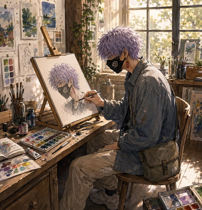 A purple-haired artist wearing a face mask sits at a paint-splattered desk in a sunlit studio, painting a self-portrait on a canvas surrounded by watercolors and brushes. The image reflects the post's theme of introspection and disillusionment—mirroring the artist's solitary act of re-examining and redefining themselves after realizing that early conviction in NFTs, like a self-portrait, doesn't always yield the masterpiece you envisioned.
