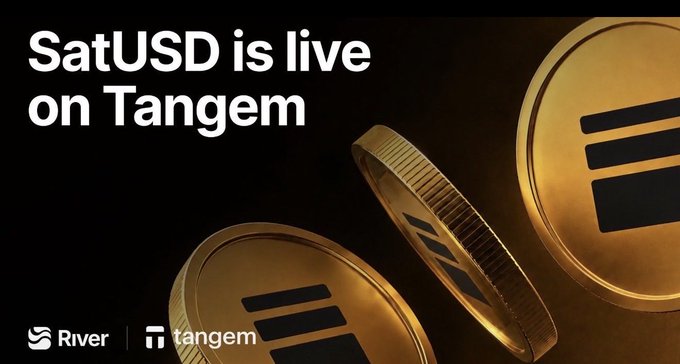 A promotional graphic featuring "SatUSD is live on Tangem" in white text against a black background, accompanied by three large gold coins with black currency-like symbols, alongside the River and Tangem logos, visually representing the launch of the satUSD stablecoin on the Tangem self-custody wallet platform.
