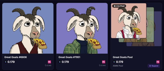 The image shows three NFT trading cards featuring a cartoon goat eating pizza, labeled "Great Goats #6806" and "Great Goats #7951" (each priced at 0.179) alongside a "Great Goats Pool" with "4 in Pool" and an "AMM Pool" option, tying into the post's question about choosing between two goat NFTs.