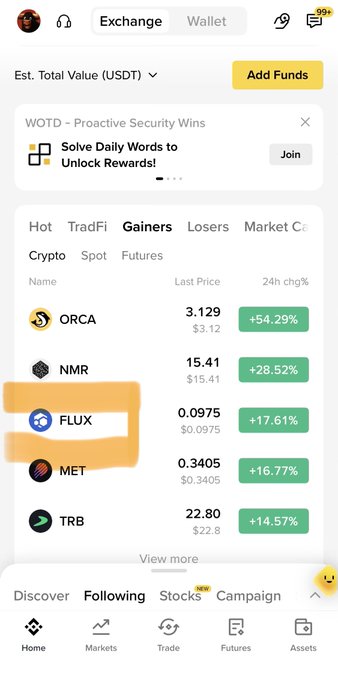 The image shows a Binance app's "Gainers" tab, where FLUX is highlighted in the top 3 with a last price of $0.0975 and a +17.61% 24-hour change, behind ORCA (+54.29%) and NMR (+28.52%). This visually confirms the post's claim that $Flux is ranking among Binance's top gainers.