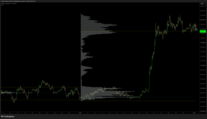 A TradingView candlestick chart showing a cryptocurrency's price action (appears to be around 92,000-94,000 range) with a notable vertical price spike, accompanied by a volume profile indicator on the left side.