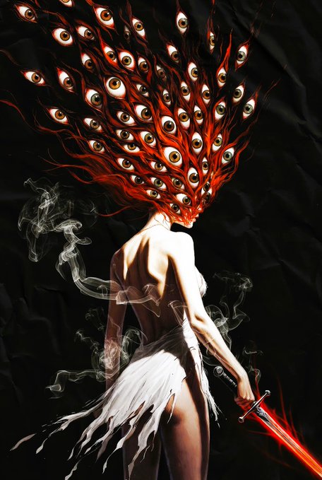 A digital painting of a pale figure in a torn white dress holding a glowing red sword, with their head replaced by a mass of red, flame-like hair covered in numerous staring eyes.