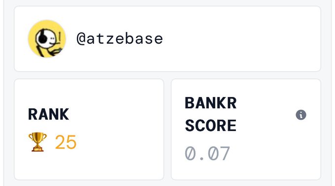 The image shows a screenshot of a social media platform, possibly Instagram or Twitter, with a white background. On the left side of the screen, there's a small square containing a logo for Atzebase. The right side features a list of scores in a grid format, including "Rank" and "Score". The text on the image reads: "Am I doing this right? $BNKR". This suggests that someone might be discussing or comparing their score with the $BNKR score displayed on the screen.