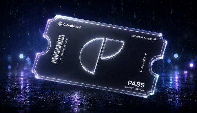 Digital render of a glowing neon 'CloudQuest' limited edition access pass card floating on a wet, rainy surface at night.