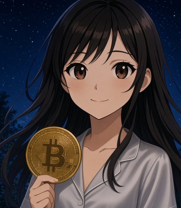 An anime-style illustration of a smiling woman with long dark hair wearing a gray shirt, holding up a large gold Bitcoin coin against a starry night sky.
