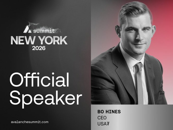 Promotional graphic for Avalanche Summit New York 2026 announcing Bo Hines, CEO, as an Official Speaker.