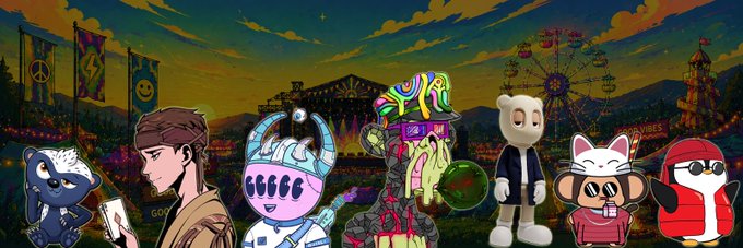A lineup of characters from major NFT collections—including a Bored Ape Yacht Club figure, a Pudgy Penguin, and an Azuki character—stand in front of a colorful carnival backdrop with a "Bored Apes" sign visible, visually representing the remaining NFT assets the poster mentions holding after liquidating others due to unemployment.