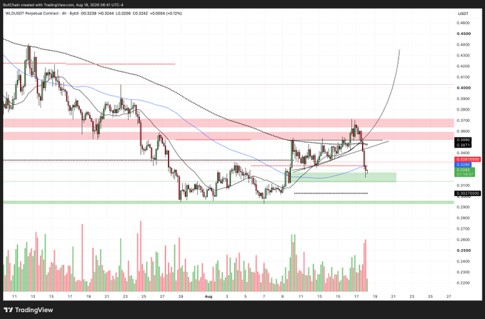 A TradingView 4-hour chart of the WLD/USDT perpetual contract shows a recent bounce from a green demand zone around $0.30, with the price currently at $0.3236 (+0.12%), confirming the poster's successful long entry in their identified support area.