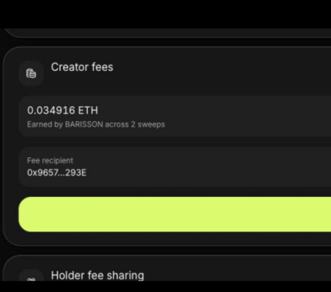 A digital interface displaying "Creator fees" of "0.034916 ETH" earned by BARISSON, along with a partial fee recipient address "0x9657...293E".