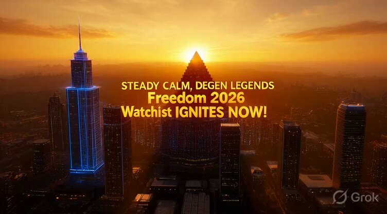 The image shows a city skyline at sunset, with the sun setting behind tall buildings. The sky has warm hues of orange and yellow, creating a serene atmosphere. In the foreground, there are two skyscrapers that stand out against the backdrop of the cityscape. The text on the image reads "Steady calm, Deogen Legends Freedom 2026 Watchist Ignites Now!".