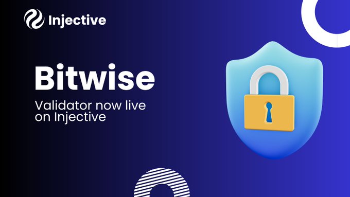 A blue promotional banner announcing 'Bitwise Validator now live on Injective' featuring a blue shield with a yellow padlock icon and the Injective logo.
